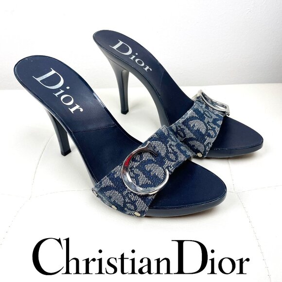 Vintage Christian Dior Mules Heels | Denim Monogram CD Logo | Size 39/8.5 | EUC - Picture 1 of 14